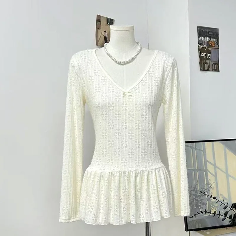 

Женская трикотажная кофта с V-образным вырезом, кружевными вставками и бархатным эффектом, с длинным рукавом, базовая, для ношения под одеждой, осенняя новинка, универсальная, 100% хлопок