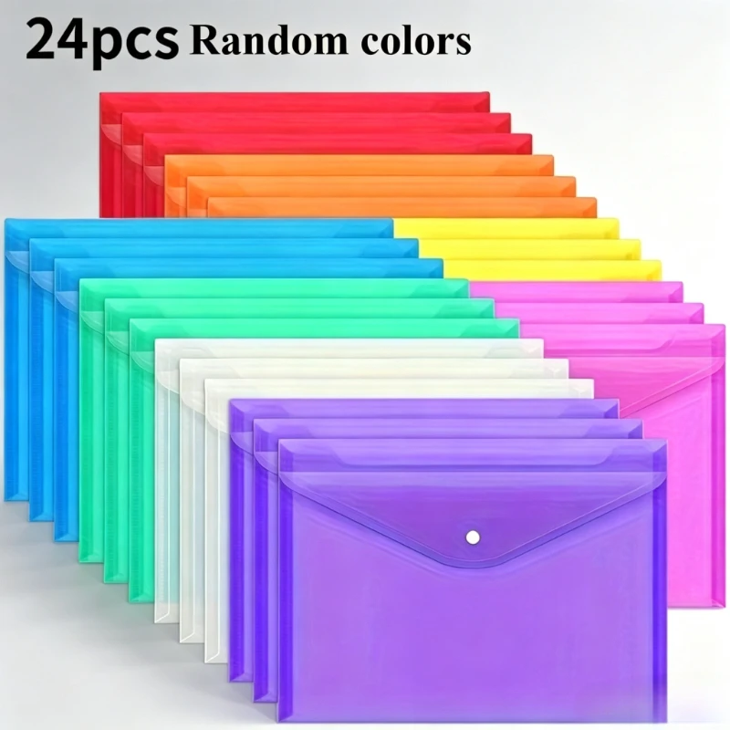 24pcs Plastic File Folders with Snap Buttons, Random Color, A4 Letter Size - Durable PP Organizers for School, Home & Office