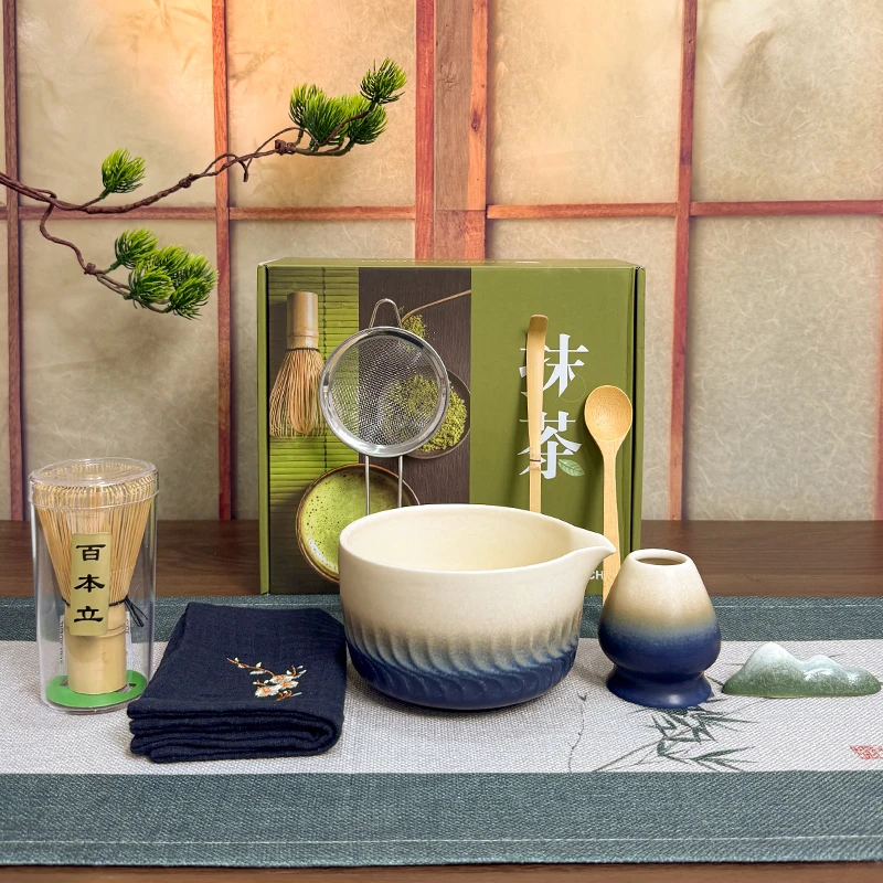 

8-częściowy набор для матча, набор для матча с глазурованной чашей для матча ручной работы, бамбуковый венчик, стартовый набор для чая, подставка для матча, японская чайная церемония