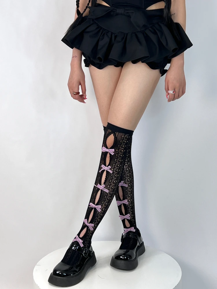 High Socks Women's Combed Cotton Hollow Lace Ribbon Bow Mesh Slimming over the Knee Leg Shaping Black Light Breathable Summer