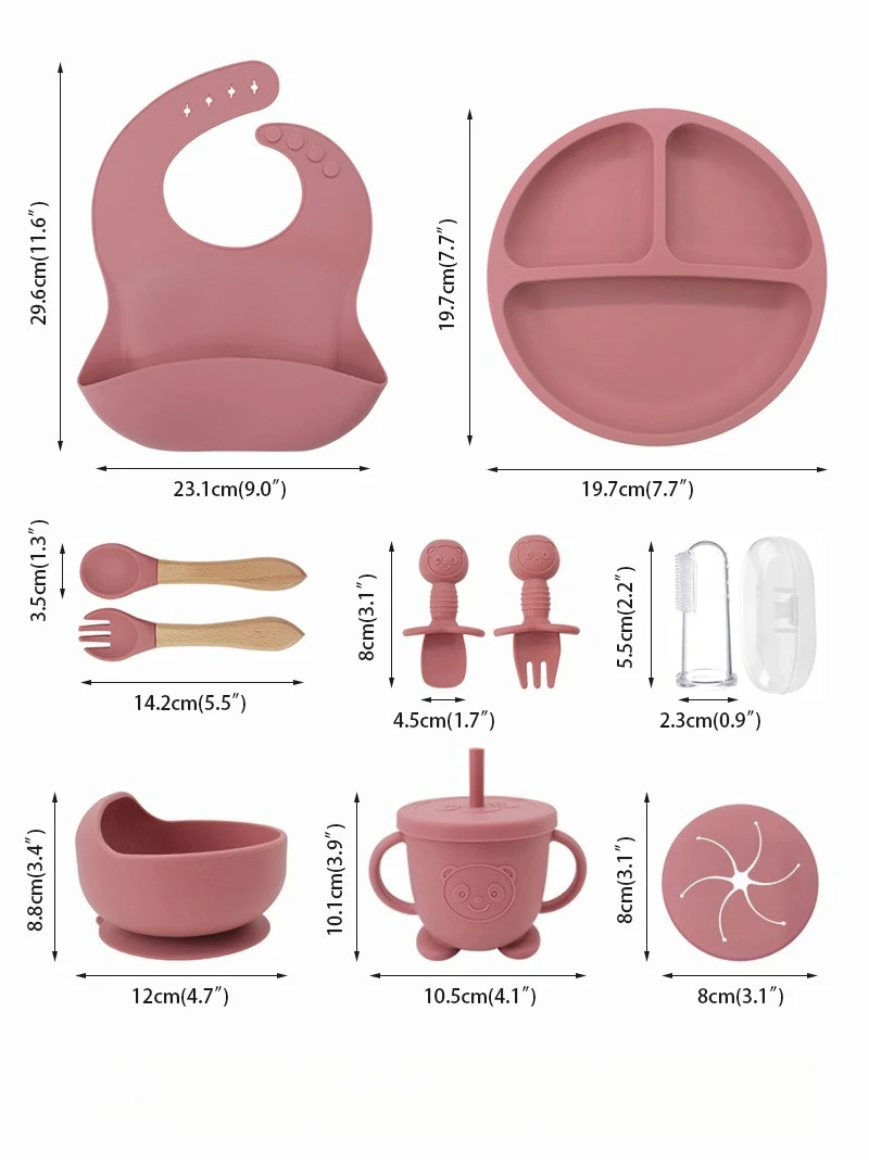 Silicone Tableware Ten Piece Set Divided Plate Baby Tableware Feeding Bowl Silicone Spoon Fork Feeding Tableware For Infants
