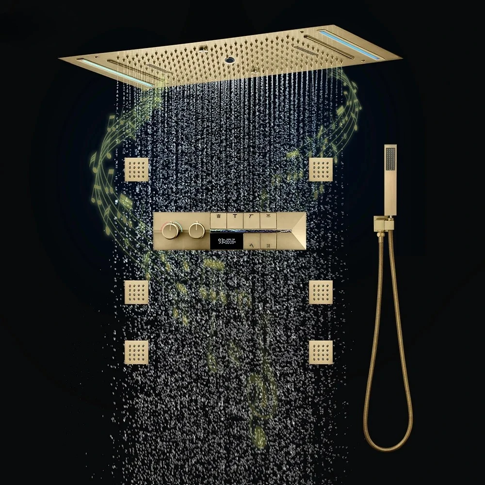 Brushed Gold Couple Shower System Smart Temperature Display Thermostatic Mixer Bathroom Faucet Music Showers Experience