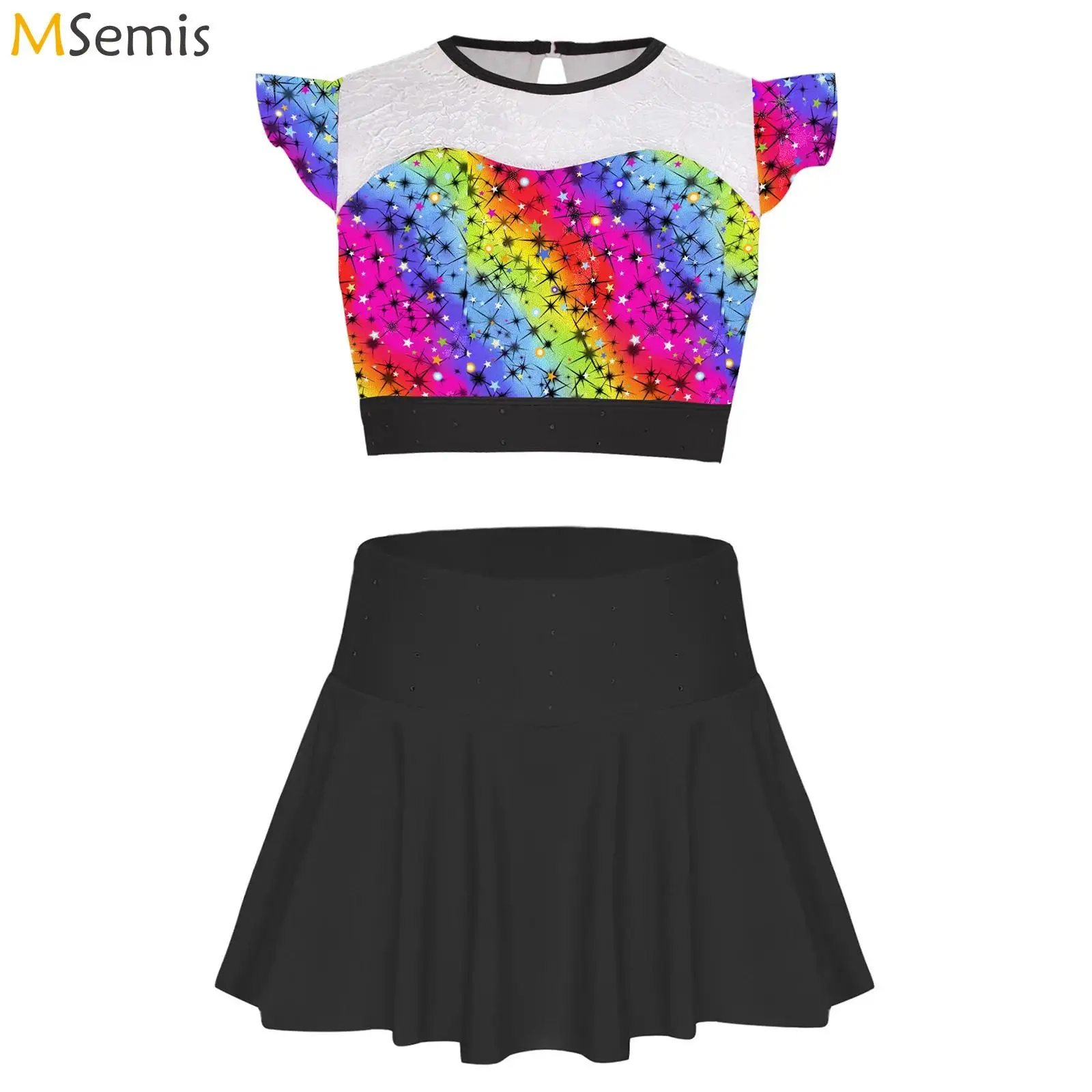 

2 шт., гимнастические спортивные современные танцевальные наряды для девочек, костюм, полый кружевной спортивный топ с блестящими шортами с ромбовидной юбкой, спортивная одежда