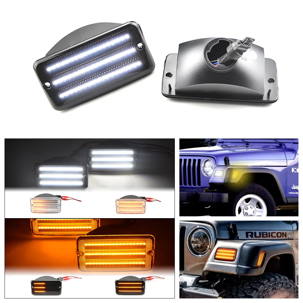 

2pcs For Jeep Wrangler TJ Dynamic Amber LED Front Bumper Side Marker Lights White Parking Light Turn Signal Blinker Lamp