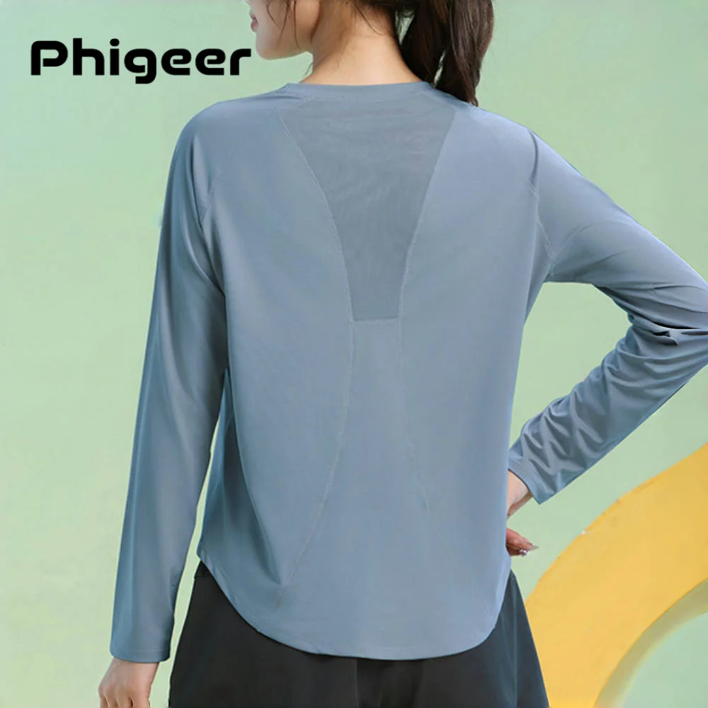 

PHIGEER Women Yoga Top Breathable Loose Long Sleeve Sports Shirt Gym Clothes Lightweight Quick Dry Running Tee Sportswear New