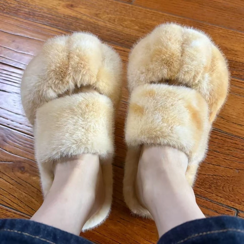 

Kawaii тапочки с кошачьей лапой, модные пушистые тапочки с имитацией выдры из кроличьей шерсти, женские удобные плюшевые домашние теплые тапочки на плоском каблуке