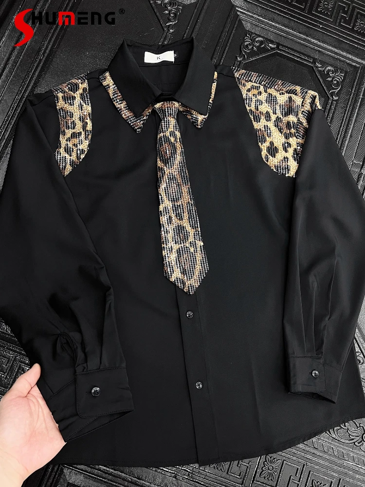 

Fashion Sequined Leopard Print Tie Printed Splicing Shirts Men's 2025 Spring Summer New Handsome Loose Tops Long-sleeve Shirt