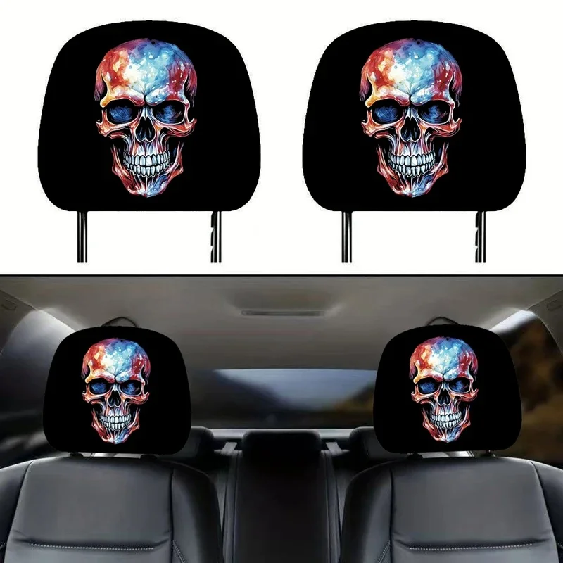 Halloween Decoration Black Skull Car Print Headrest Cover Universal Stretchy Spooky Fun Universal Head Cover