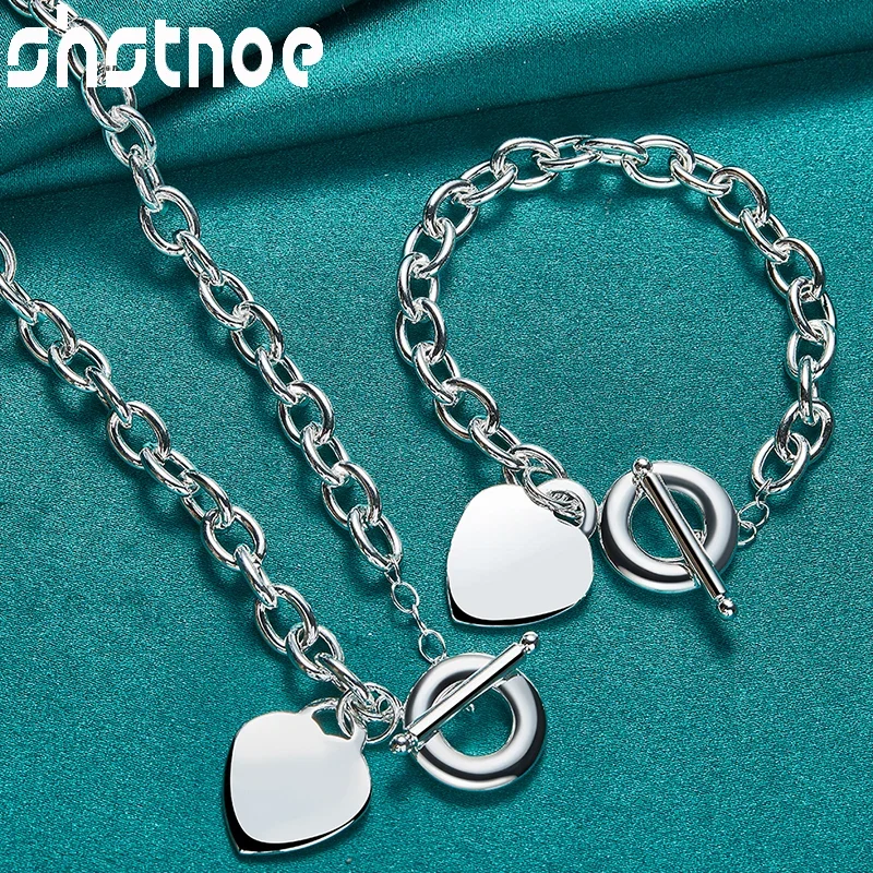 

SHSTONE 925 Sterling Silver Heart Chain Necklace Bracelets Jewelry Sets Fashion Classics Accessories For Woman Wedding Engagemen