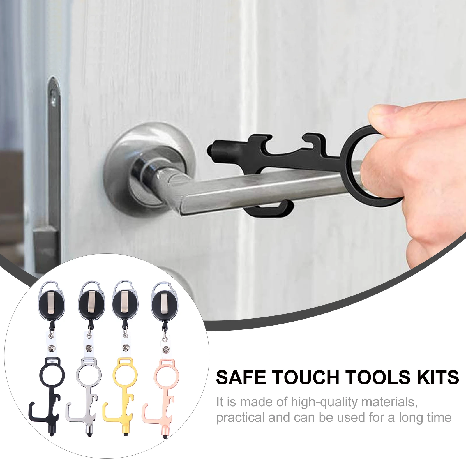 

4pcs No Touch Door Opener Kit Multifunctional Bottle Opener Keychain Touch Screen Silicone Key Ring Safe Tools