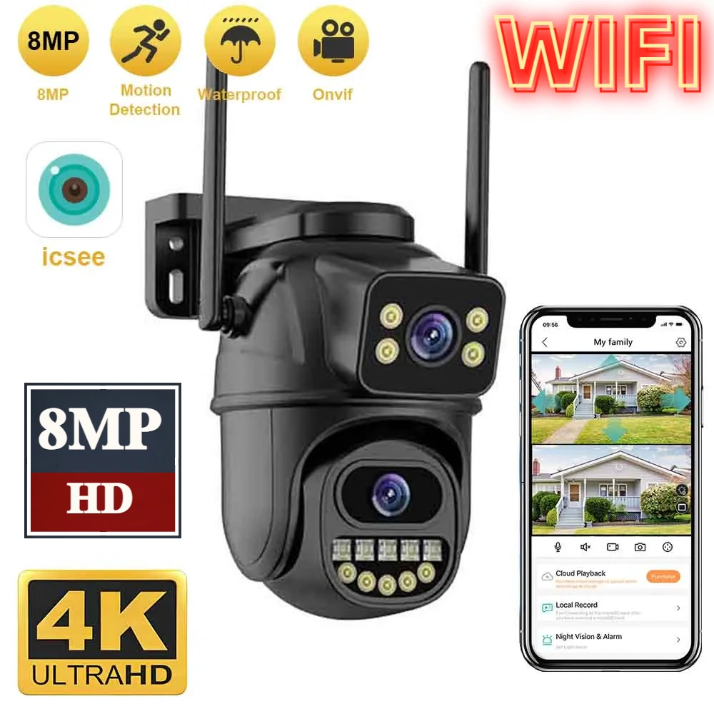 

4K 8MP HD WiFi Surveillance Camera Dual Lens Auto Tracking 4X Digital Zoom AI Human Detect Outdoor Security PTZ IP Cameras