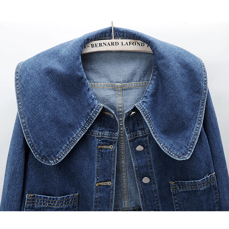 Peter Pan Collar Denim Jackets For Women Korean Fashion Long Sleeves Button Jean Coat Vintage Crop Female Casual Loose Outwear