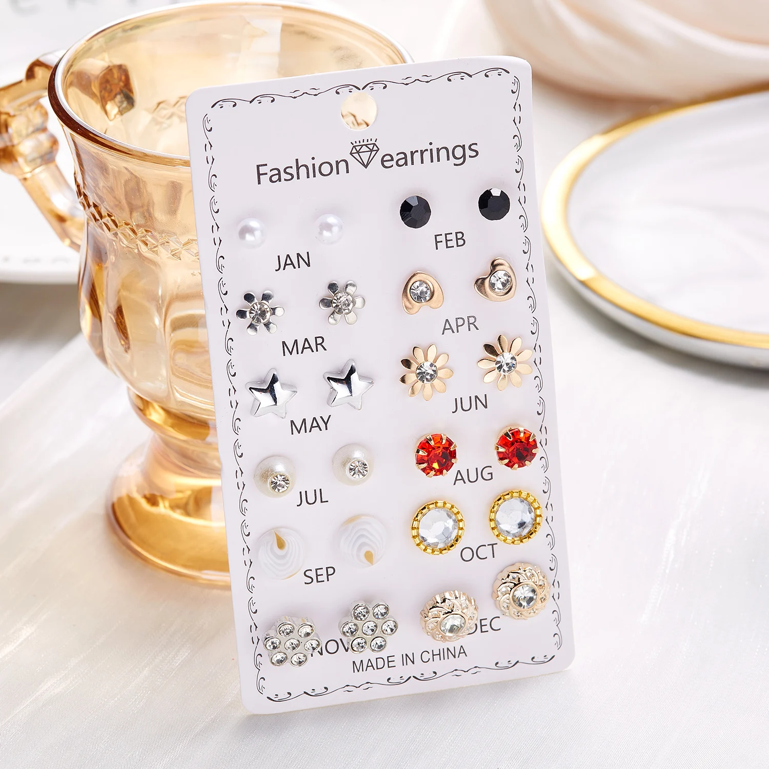 12 Pairs/set Crystal Simulated Pearl Stud Earring Sets For Women Shiny Rhinestone Flower Moon Star Metal Earring Mixed Jewelry