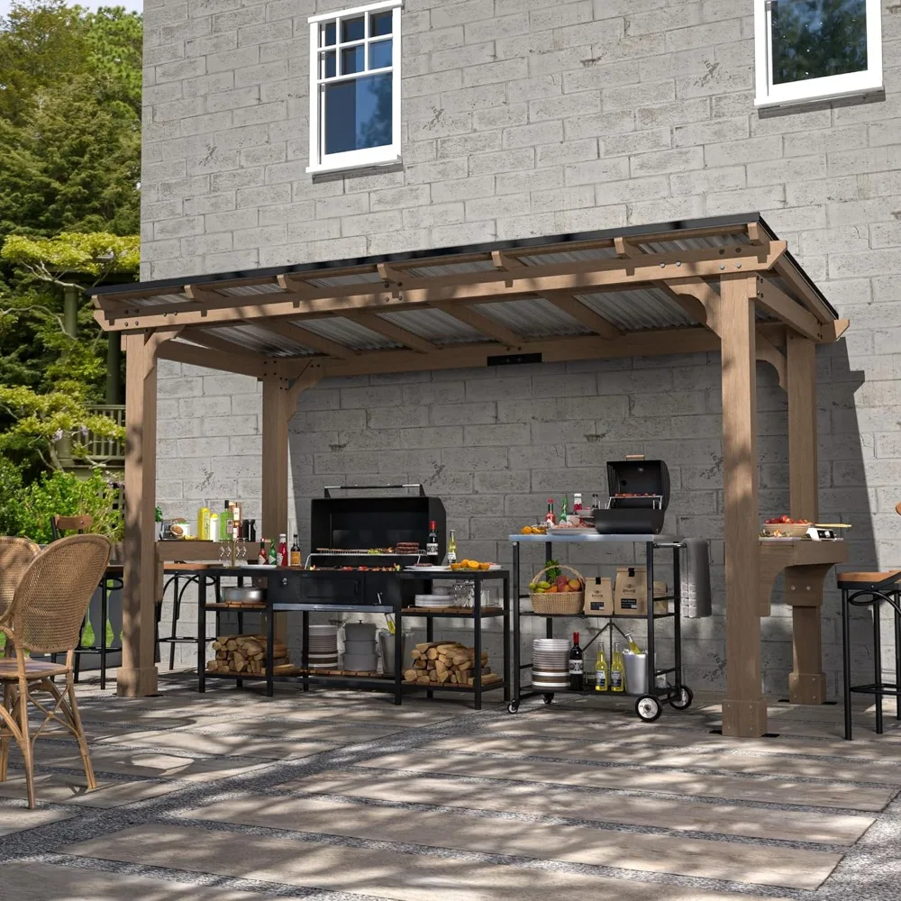 

6 x 13 FT Wooden Grill Gazebo with Sloping Metal roof, Heavy Duty Hard Top Grill Gazebo Suitable for 2 Full-Size Grills, BBQ Ca