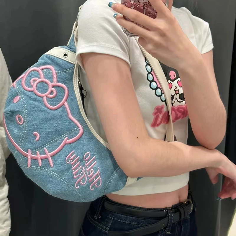 Y2K Hello Kitty Shoulder Bag Sanrio Crossbody Bags Cartoon Portable Retro Denim Handbag Kawaii Cute Messenger Bag Girls Gifts