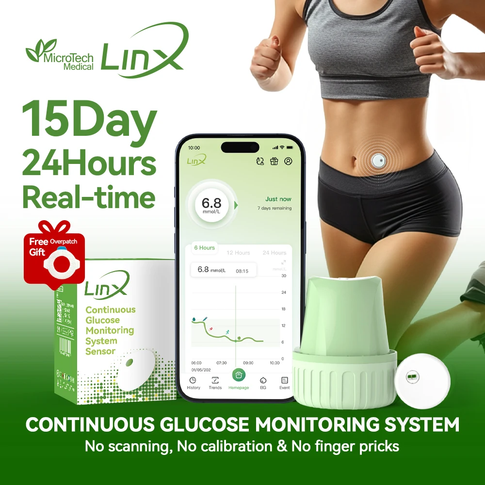 Conjunto Completo de Monitoramento Contínuo de Glicose MicroTech LinX, Monitor de Glicose no Sangue para 15 Dias, Kit CGM com 1 Sensor + 1 Transmissor