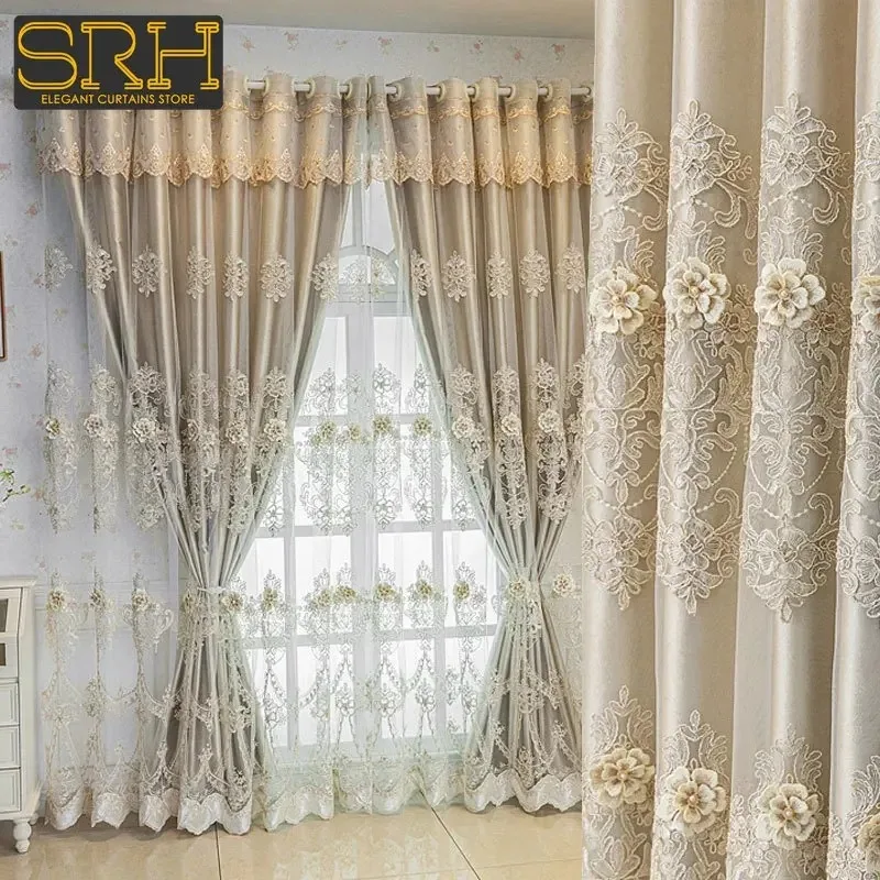 

High-end Embroidered Blackout Cloth Gauze Integrated Curtains for Living Room Bedroom Luxury European Window White Tulle Decor