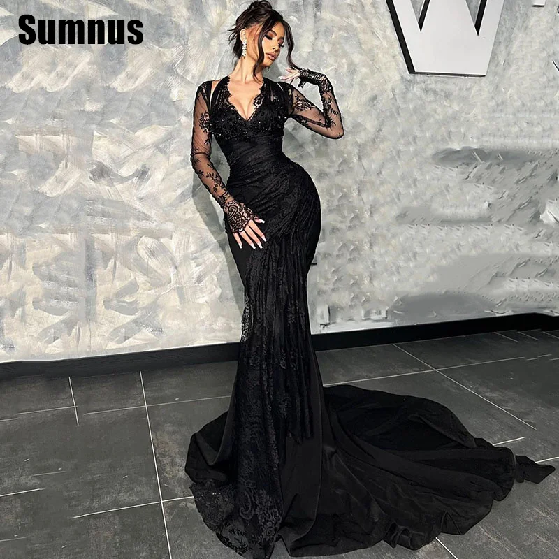 SUMNUS Sexy Black Mermaid Prom Dress With Lace V-Neck Elegant Evening Dresses Long Sleeves Formal Gowns With Train Customized