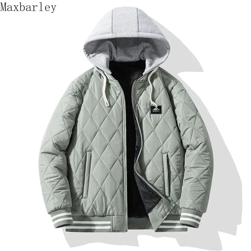 

New Men's Winter Padded Jacket New Casual Rhombic Stitch Thick Warm Fake Two-piece Hooded Baseball Suit Coat Street Fleece Parka