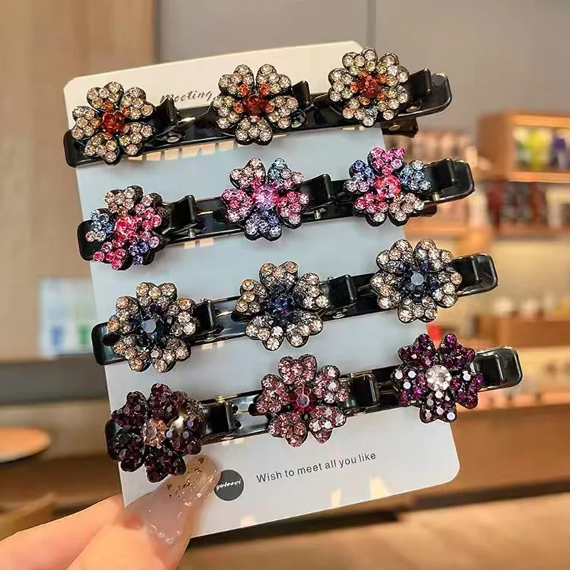 Korean Rhinestones Flowers Hair Clips Braid Hairpins for Women Girl Clips with 3 Flowers Bangs Side Barrettes Hair Accessories