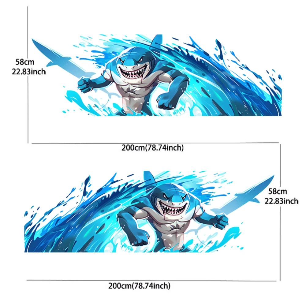 Shark with abs playing on a surfboard; car sticker; full body decal decoration covering scratches; waterproof car sticker. car v