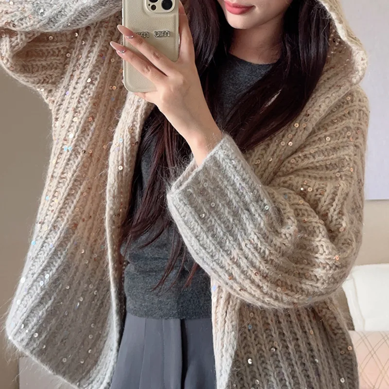 Fashion Sequin Knit Hooded Cardigan for Women Autumn Winter Long Sleeve Loose Gradient Sweater Coat Female Daily Out Knitwear