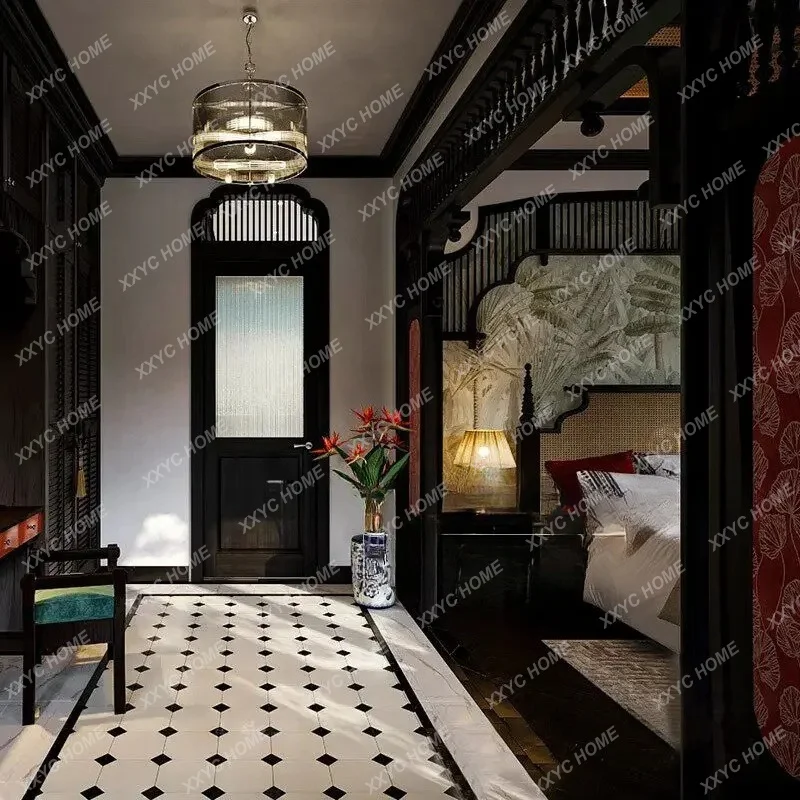 

Retro Solid Wood Bed/simple Modern Rattan Master Bedroom Double Bed/Nanyang Wind Column Luxury 1.8 Double Bed