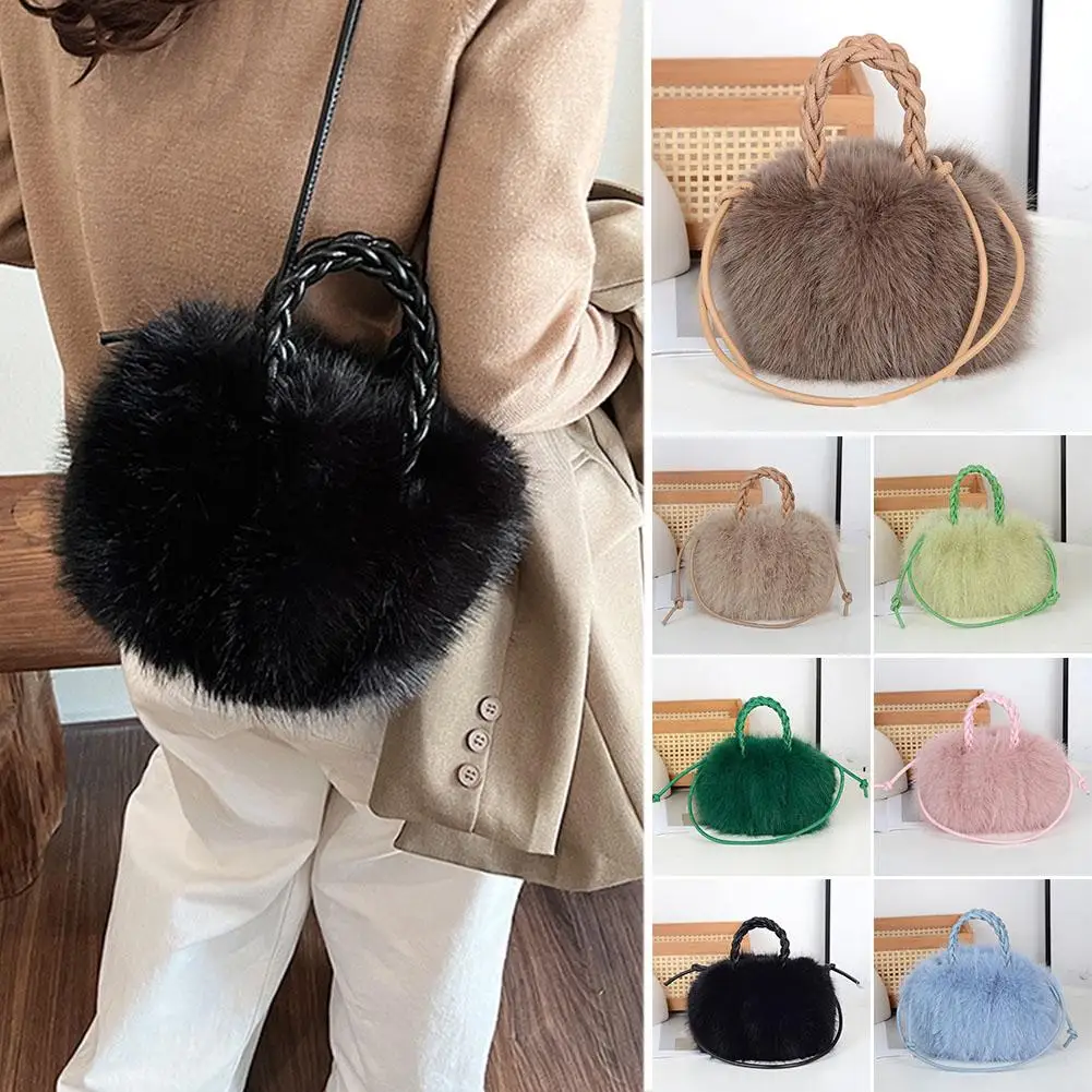 Cute Pumpkin Bag Faux Fur Tote Bag Women's Bucket Plush Luxury Design Ladies Handbags Soft Winter Sweet Girl Handbag