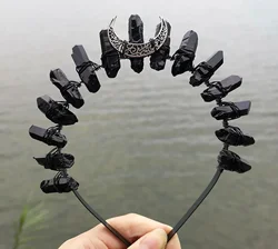 Black Crystal Crown with Moon - Counteracts Negative, Energizes Positive Energy - Quartz Goddess  Headband