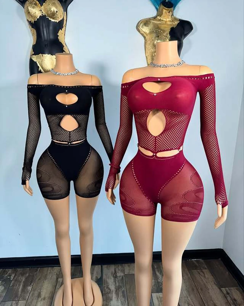 STYLISH LADY Cut Out Lace Playsuits 2025 Autumn Women Long Sleeve Off the Shoulder Bodycon Sexy Club Party Short Rompers