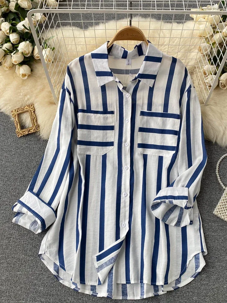 Hikigawa Chic Fashion Women Tops Turn Down Collar Long Sleeve Striped Casual Shirts Korean Versatile Female Blouses Blusas Mujer