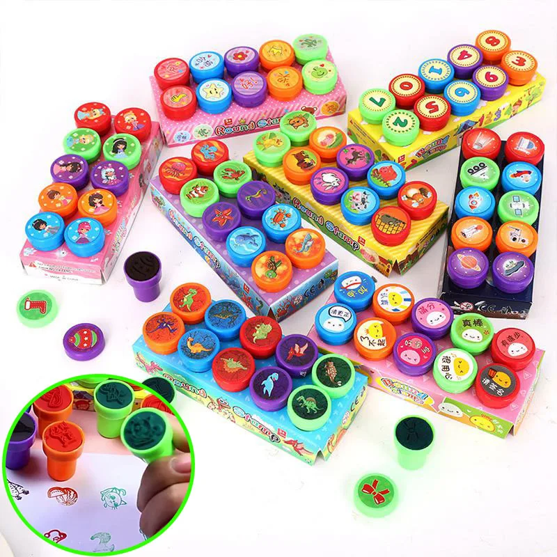 10Pcs Mix Cute Cartoon Stamps Boxed Assorted Seals Set DIY Painting Decoration Stationery Supplies Teacher Reward Prize Gift Toy