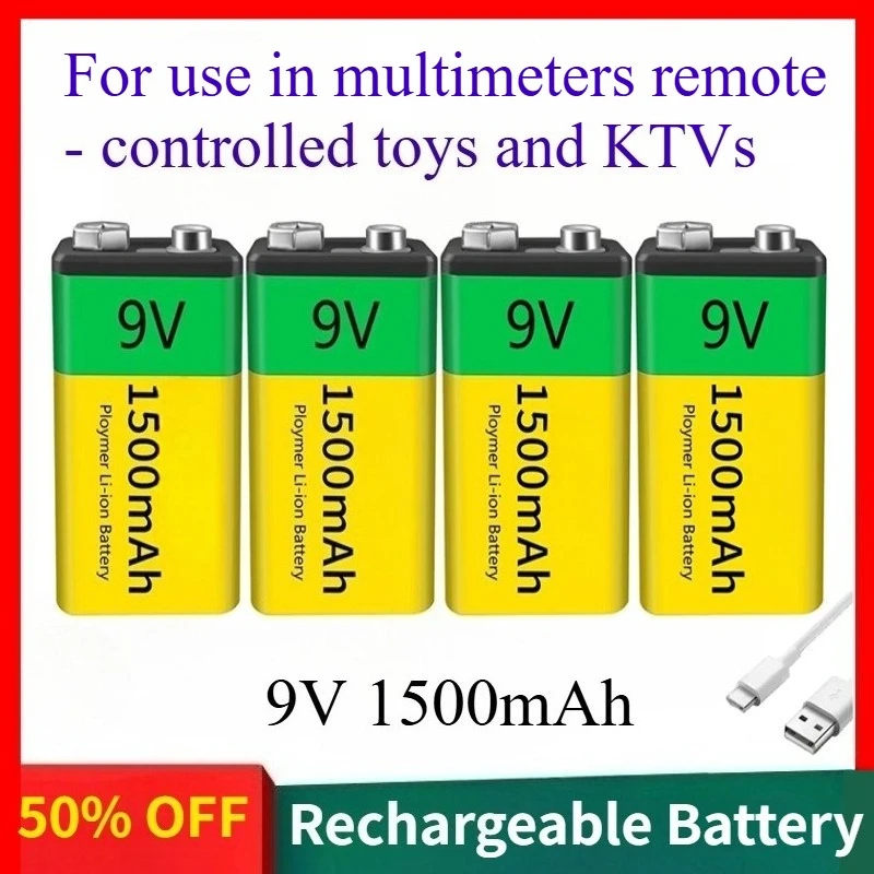 

9V 1500mAh Lithium-ion Rechargeable Batteries with USB Fast Charging for Use in Multimeters Remote - Controlled Toys and KTVs