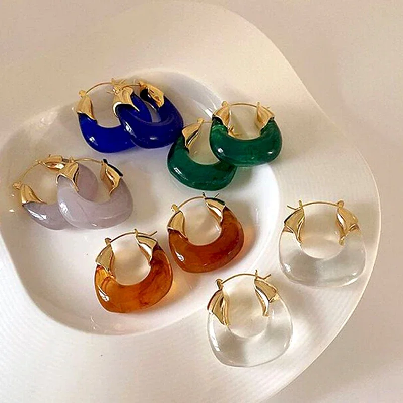 Japan Korea Transparent Crystal Acrylic Circle Hoop Earrings for Women Clear Resin Huggie Piercing Ear Buckle Party Jewelry Gift