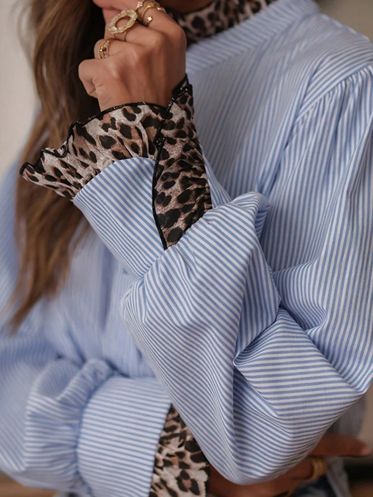 

Fashion Leopard Spliced Stripe Printed Commute Shirts Casual Stand Neck Ruffles Edge Loose Blouse Autumn New Single Breasted Top