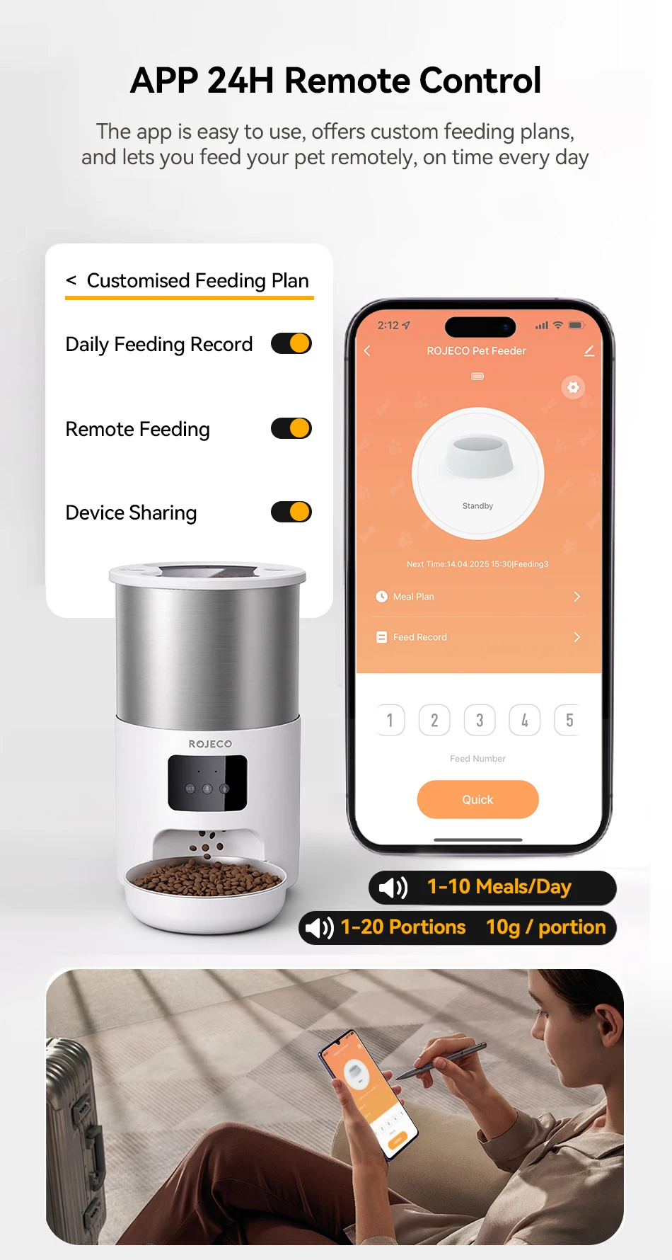ROJECO 4,5 l automatischer Katzenfutterspender aus Edelstahl, WiFi-App, Fernbedienung, Sprachaufzeichnung, intelligenter Hundefutterspender, Heimtierbedarf – Detail 8