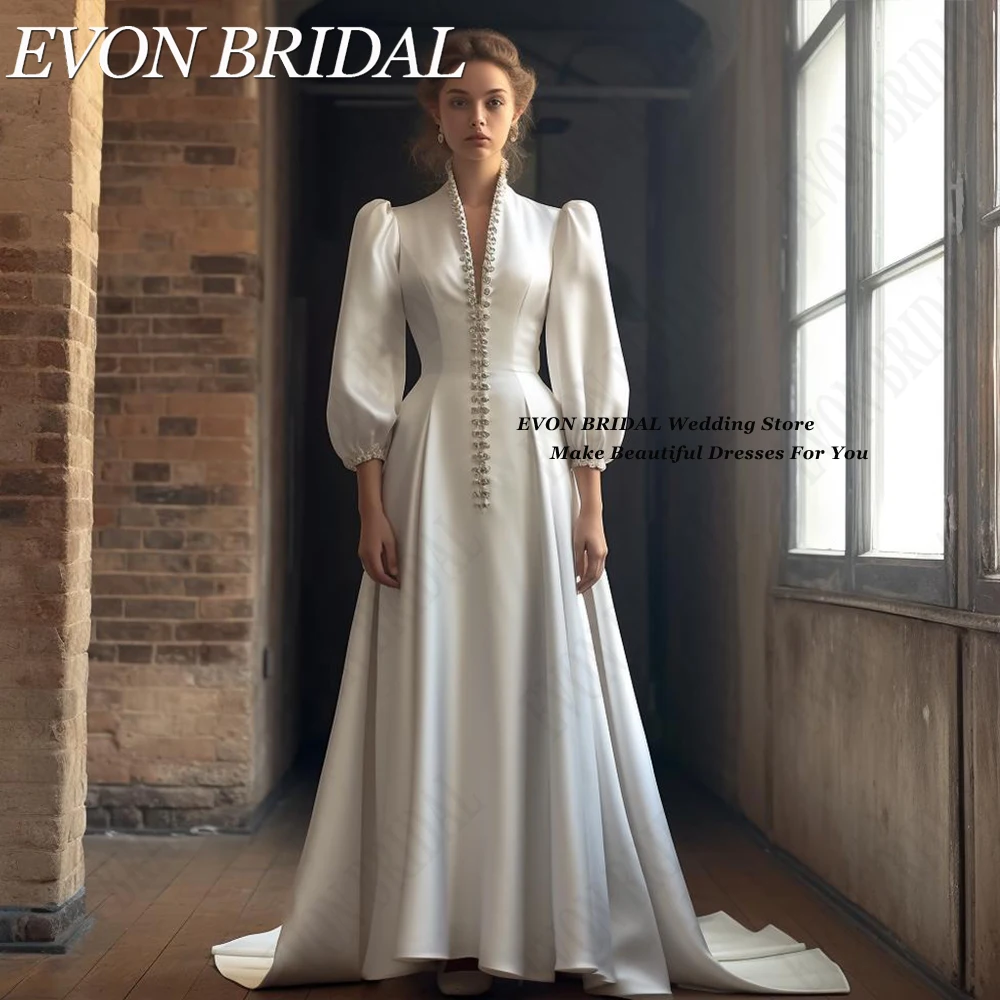 EVON-vestidos de novia elegantes para mujer, vestidos de novia largos de línea A, mangas abullonadas, vestidos de fiesta de boda, hechos a medida