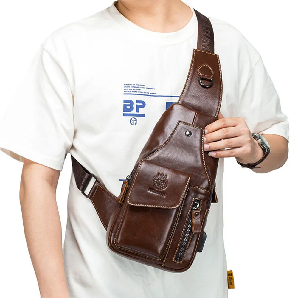 New Men Genuine Leather Chest Bag Retro USB Charging Waterproof Multifunction Crossbody Single Shoulder Day Pack Bag