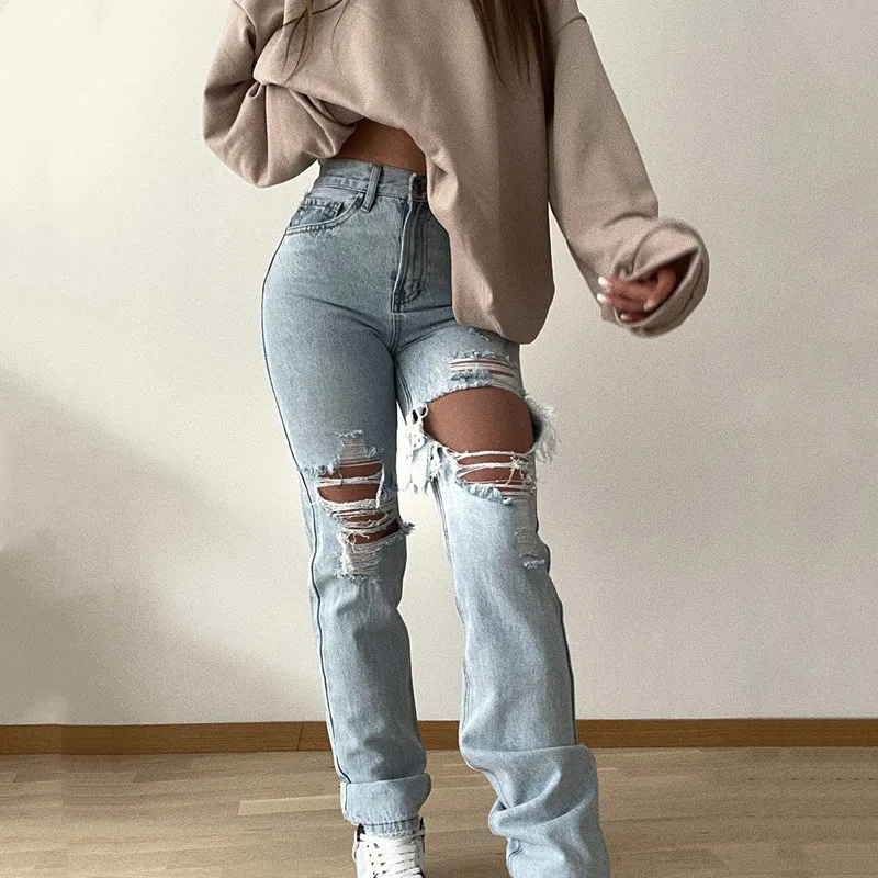 

Faion Ripped High Waist Straight Leg Jeans Women's Trousers Ladies Pants Spring Summer Autumn Winter Universal Casual Jeans