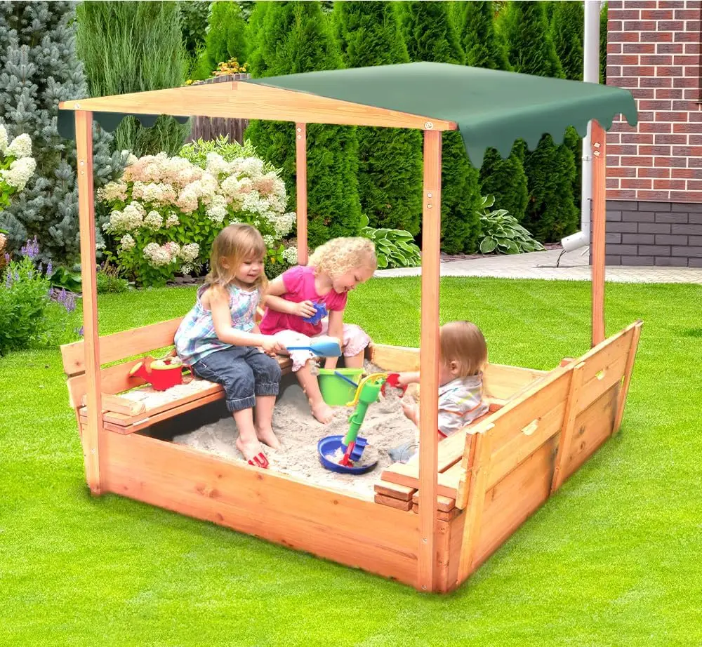 Cedar Sandbox for Kids with Canopy & Benches - Outdoor Convertible Wooden Sandbox with Lid, UV Shade & Built-In Seating - Backya