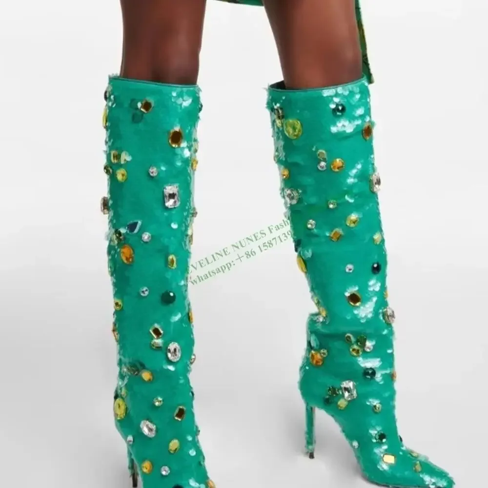 

Сапоги выше колена с преувеличенными драгоценными камнями и блестками, женские современные зимние ботильоны на шпильке с острым носком, большие размеры для вечеринок