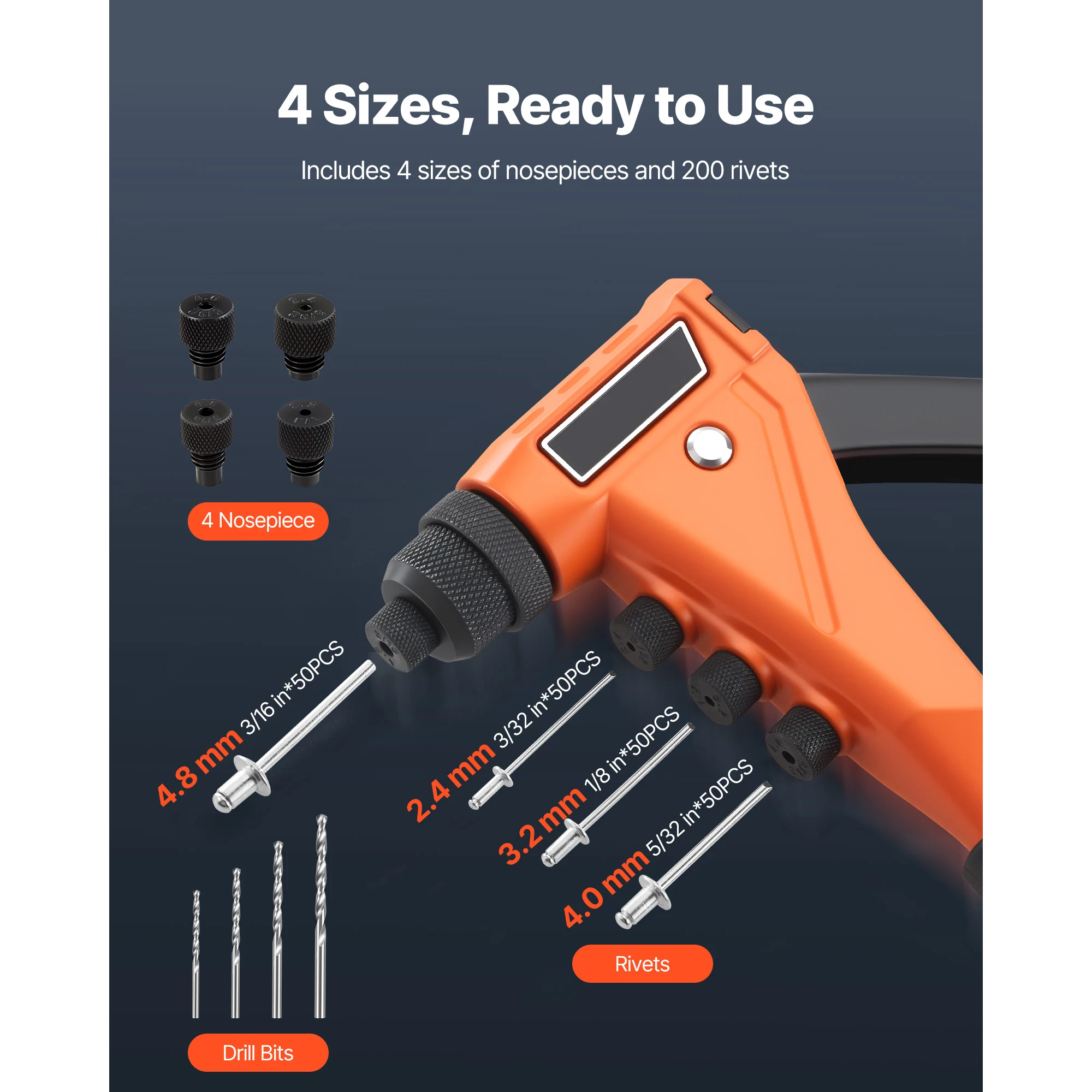 SucceBuy Pop Rivet Gun Kit with 200/230 Blind Rivets 4/5 Interchangeable Nosepieces Drill Bits a Carrying Case for Metal Home