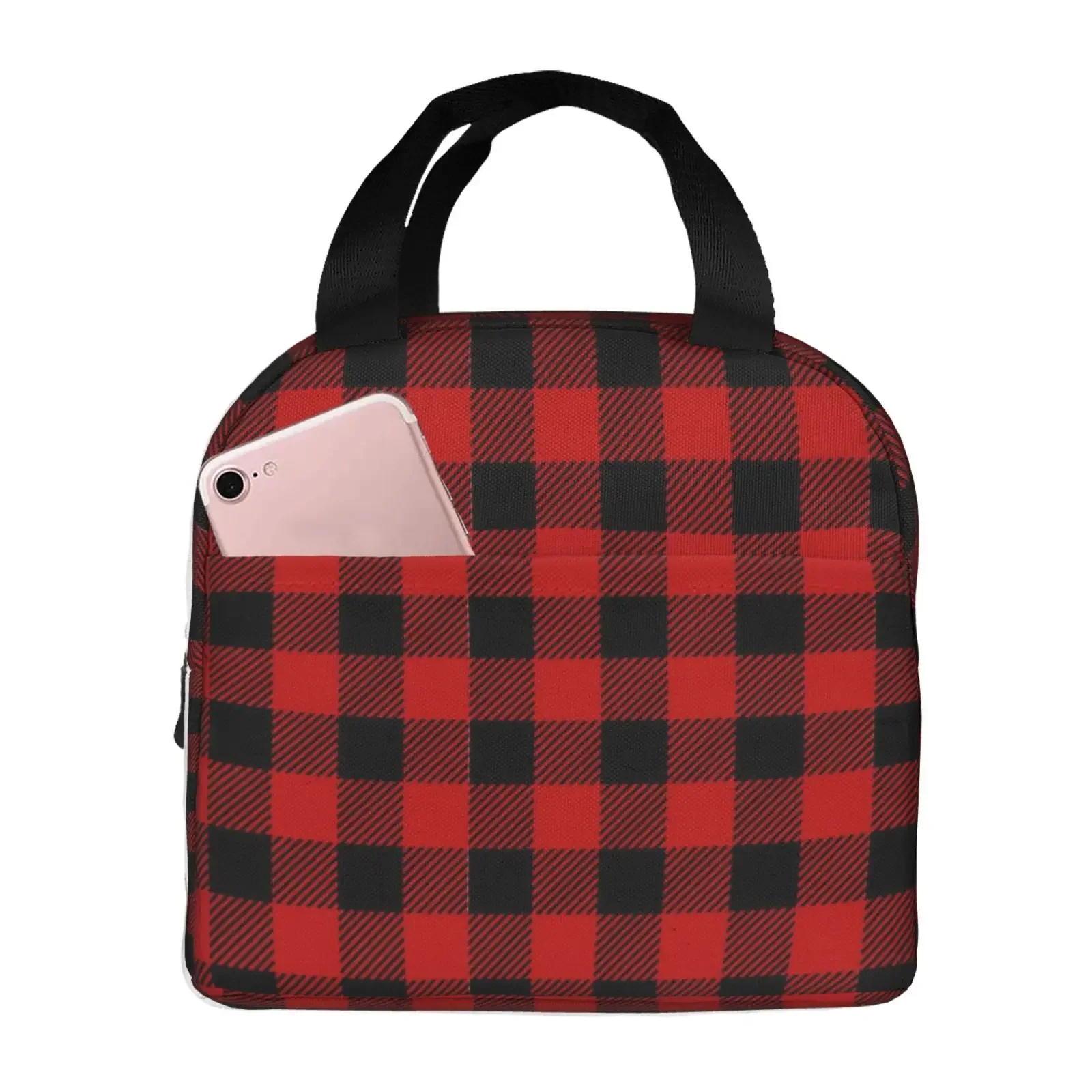 Red Black Checkered Pattern Lunch Bag for Girls Funny Lunch Box Fun Picnic Cooler Bag Portable Zipper Oxford Thermal Lunch Bags