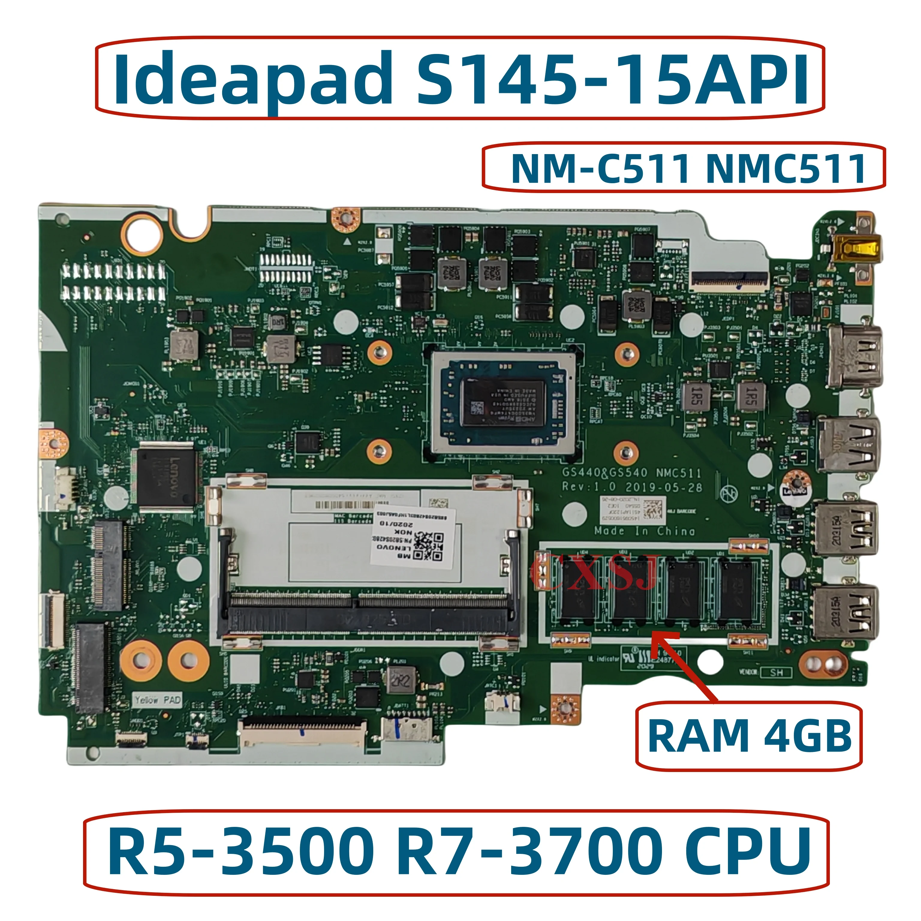 GS440&GS540 NM-C511 NMC511 For Lenovo Ideapad S145-15API Laptop Motherboard With R3-3200 R5-3500 R7-3700 CPU 4GB RAM