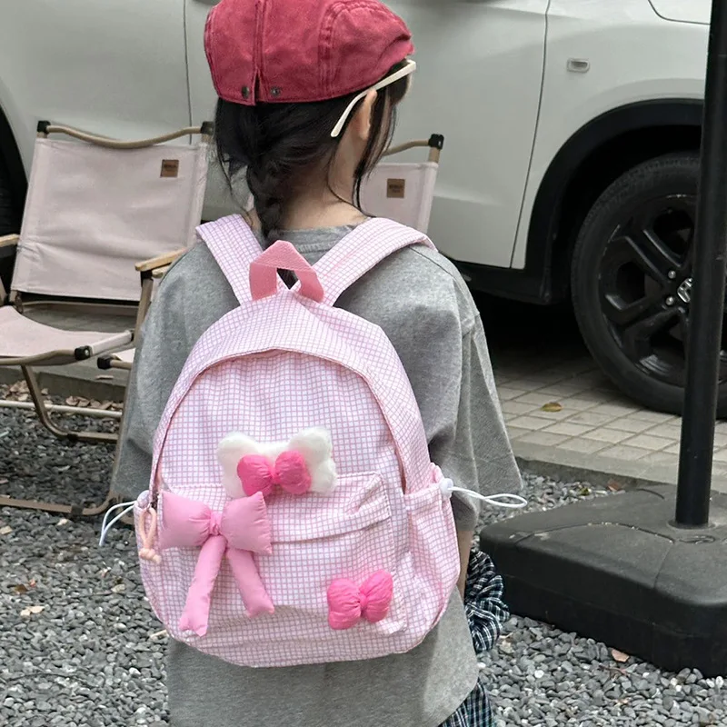 Japanese Cute Bow Simple Plaid Girls Backpack Student School Bag Large Capacity Kawaii Storage Bag Back To School Woman Bags