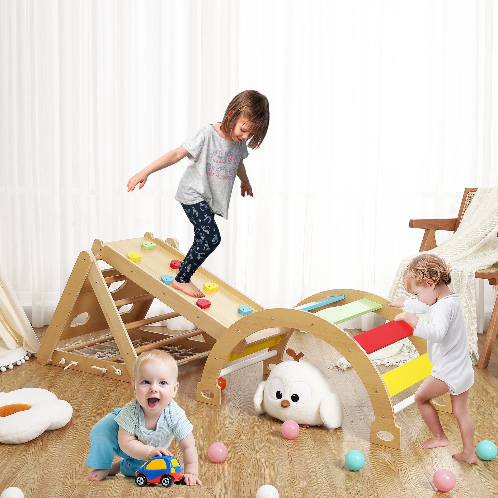 Indoor-Fitness-Spielset für Kleinkinder, 3-in1-Holz-Kletterspielzeug, 3-seitiger Holz-Dreiecks kletterer mit Klettern etz, Schiebe rampe, Sandsäcke