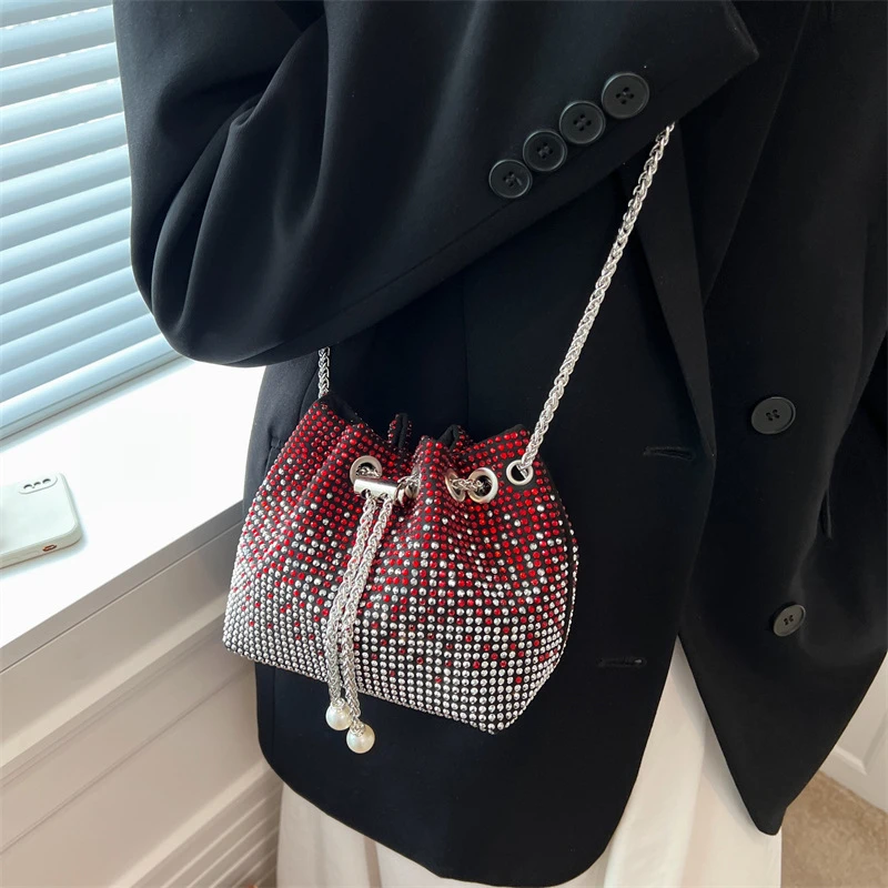 Women Fashion Drawstring Bucket Shoulder Bags Luxury Rhinestone Evening Party Chain Crossbody Pouch Female Small Purse Handbags