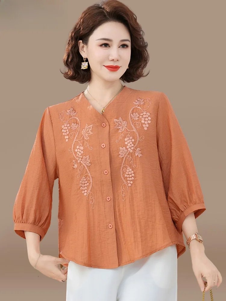 

Cotton Linen Casual Two-Piece Set for Middle-Aged Women Spring Autumn Faionable Mom Clothes V-Ne Loose Fit Nine-ket Pants