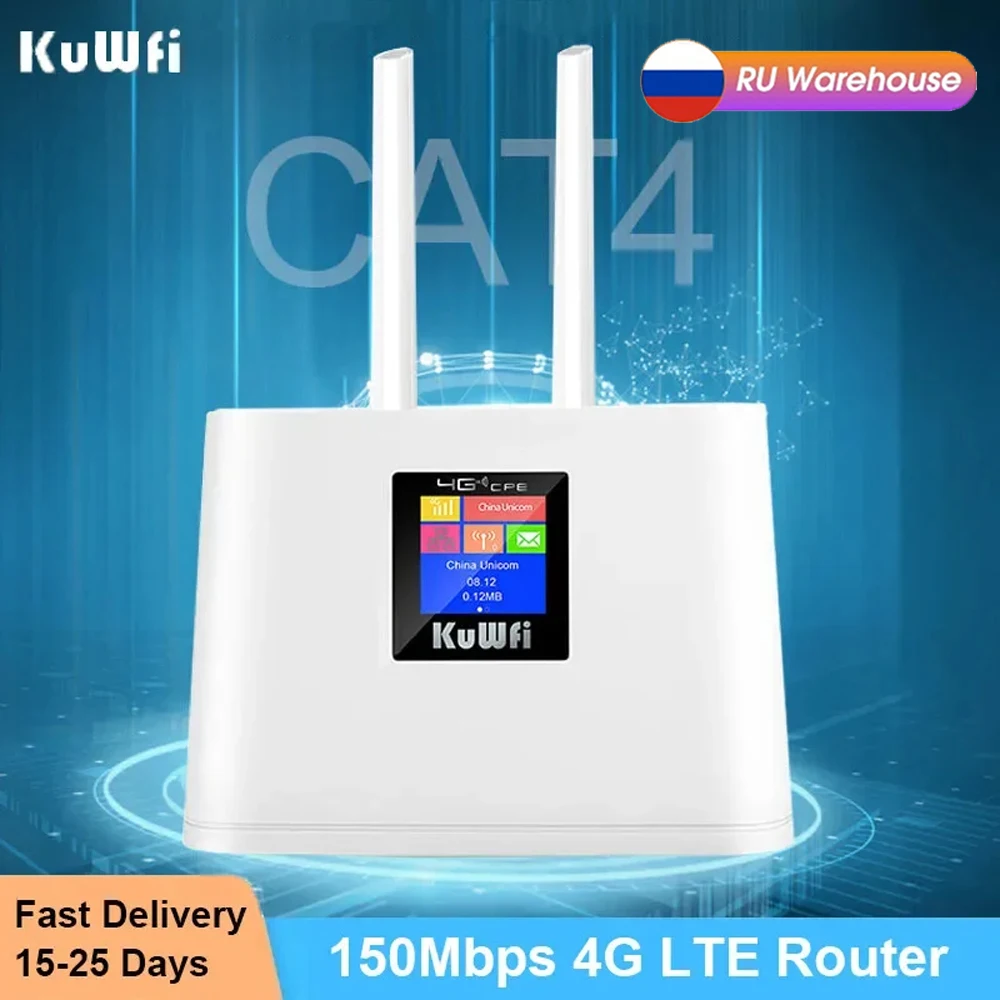 KuWFi 4G Wifi Router 300Mbps Unlocked Wireless Lte Router Sim Card Slot Modem External Antenna WiFi Hotspot With Smart Display