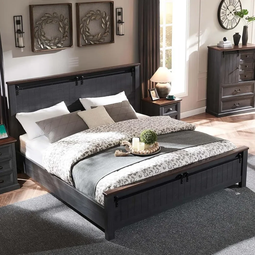 

Queen Bed Frame with 47" Headboard, Bed Frame with Sliding Barn Door，Wood Slats Support, No Box Spring Needed，Wood Bed Frame